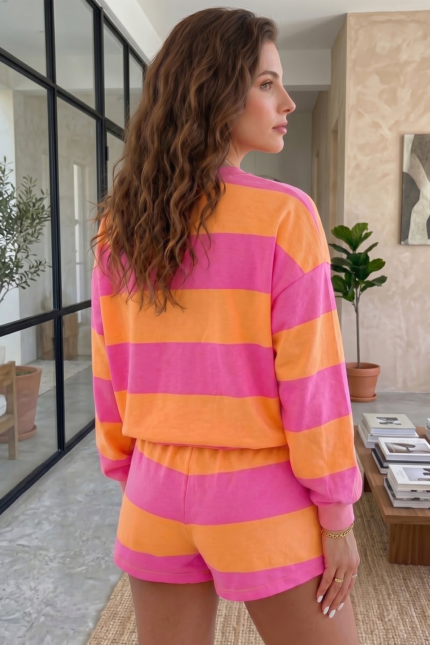 Pink Orange Stripe Lounge Set 2pc Shorts Set Sweatshirt