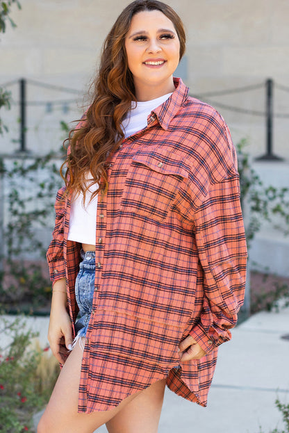 Plaid Long Sleeeve Side Split Distressed Hem Shirt