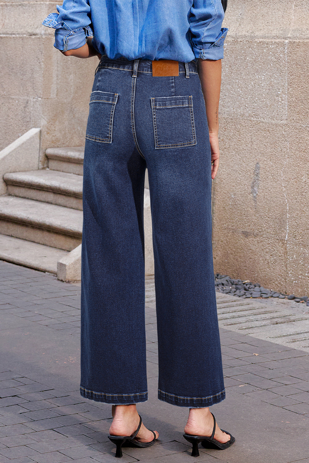 High Waist Wide Leg Denim Jeans with Front Patch Pockets