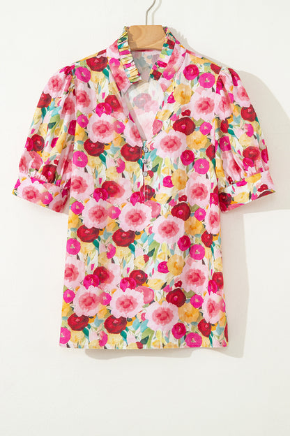 Pink Floral V Neck Puff Sleeve Blouse