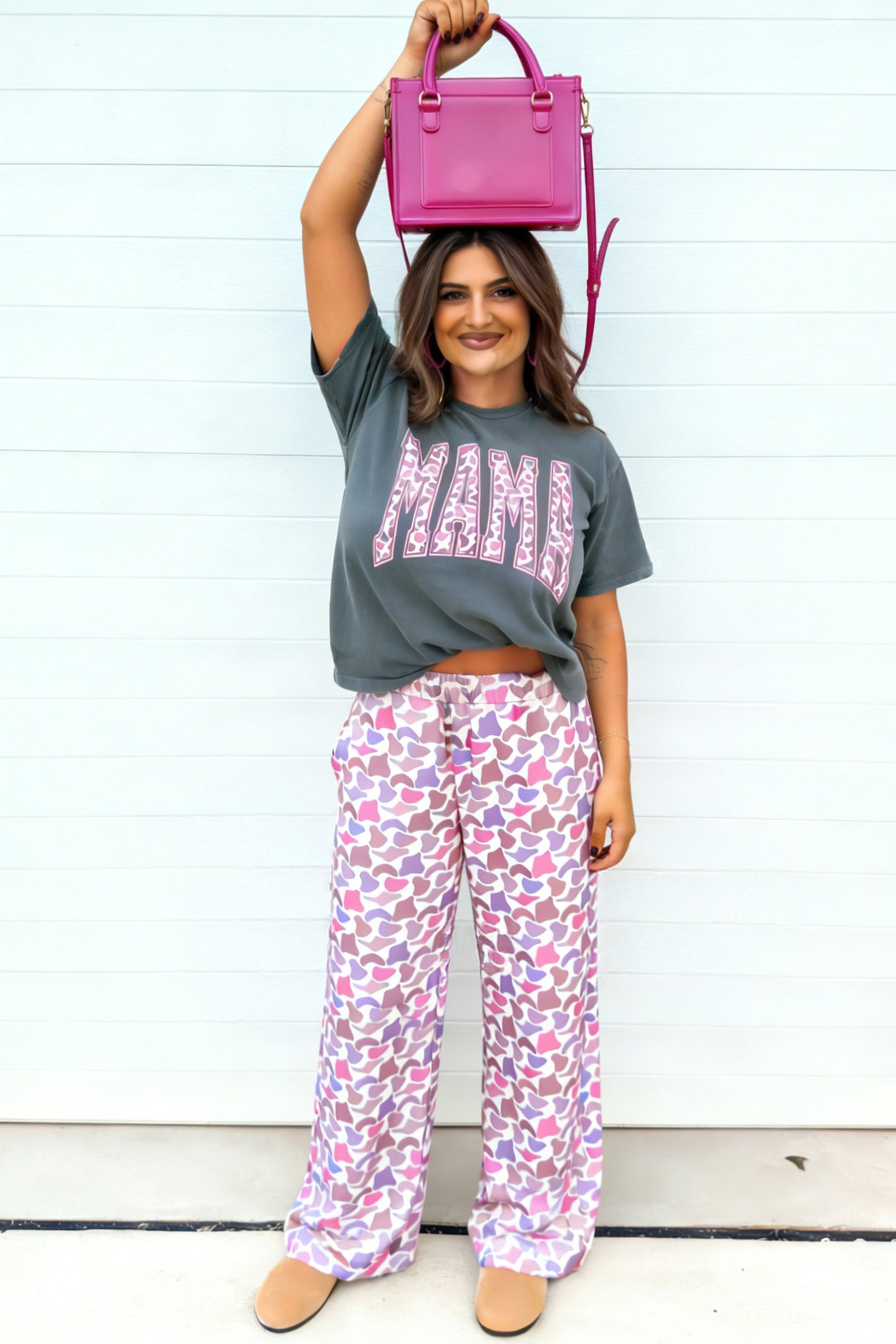 Grey MAMA Graphic Tee and Pink Camo Pants Set