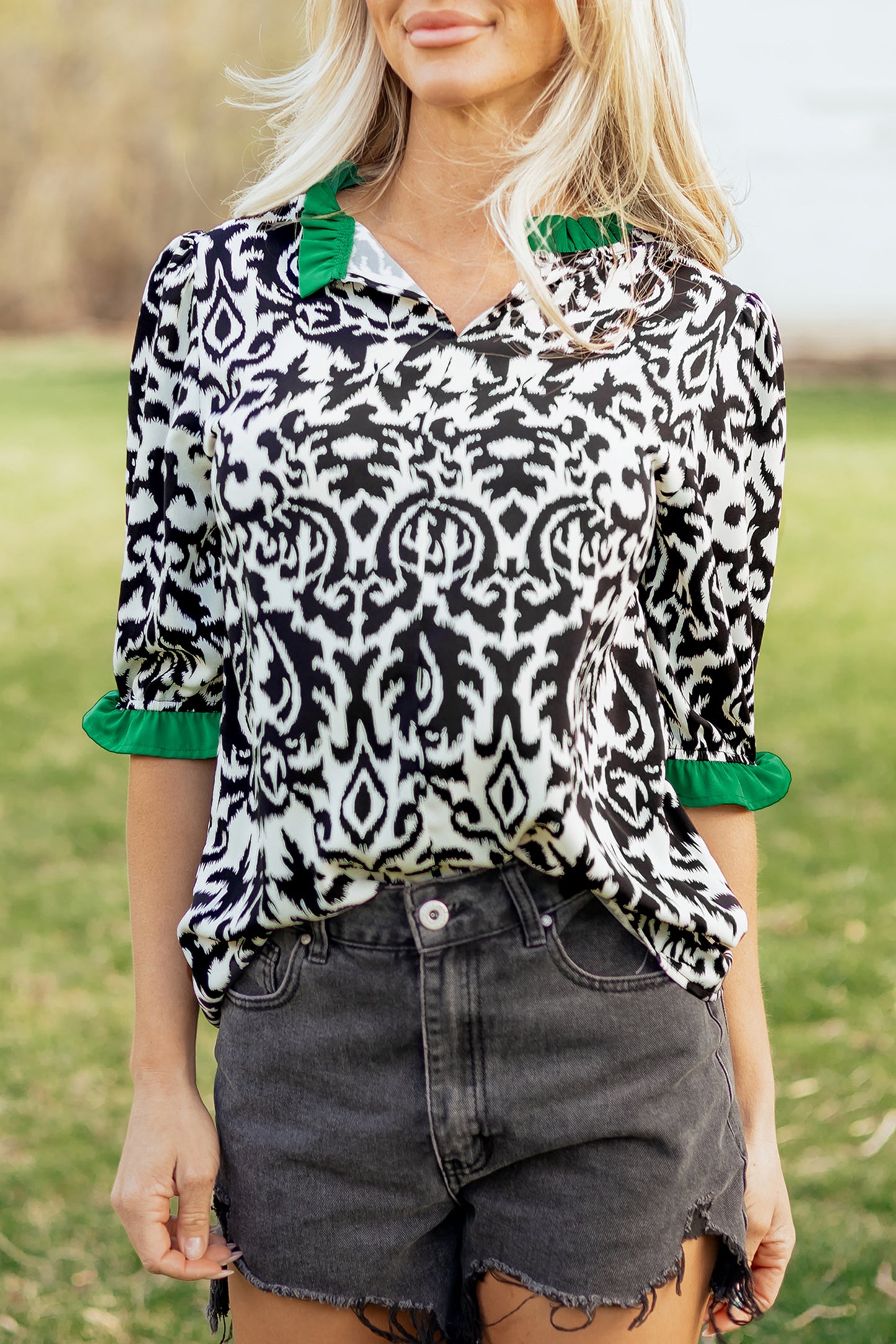 Damask Print Ruffle Trim Half Sleeve Casual Blouse