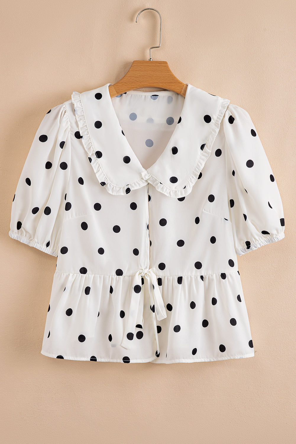 Polka Dot Peter Pan Collar Puff Sleeve Peplum Blouse