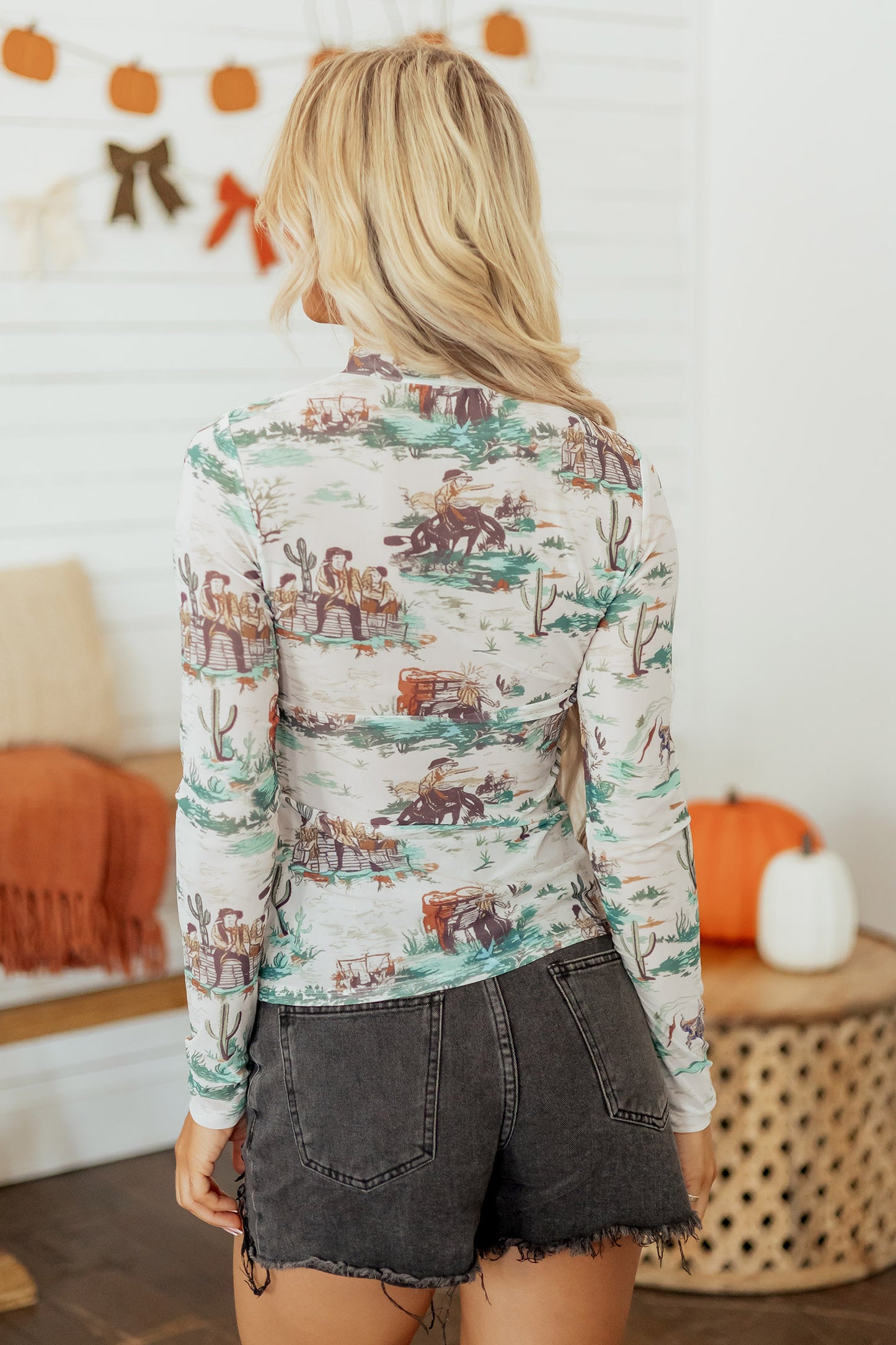Western Cowboy Print Mock Neck Long Sleeve Fitted Top