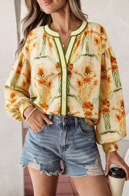 Women's Boho Floral Print Contrast Trim Button Blouse
