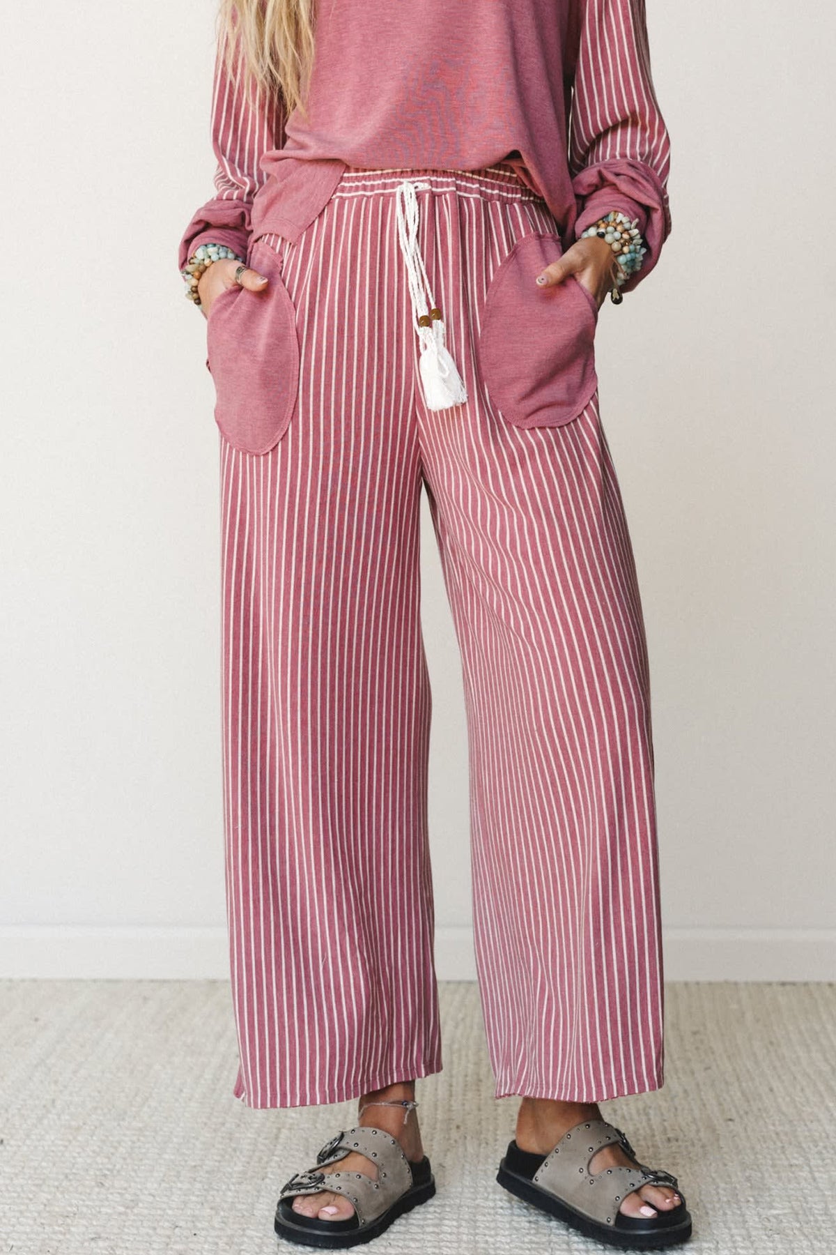 Women’s Stripe 2 Piece Lounge Set Long Sleeve Top Wide Leg Pants