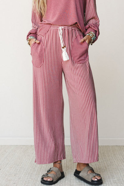 Women’s Stripe 2 Piece Lounge Set Long Sleeve Top Wide Leg Pants