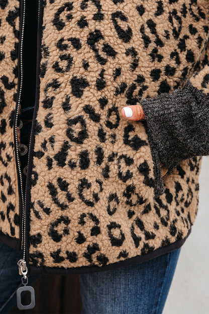 Khaki Leopard Print Zip Up Stand Neck Side Pocket Jacket