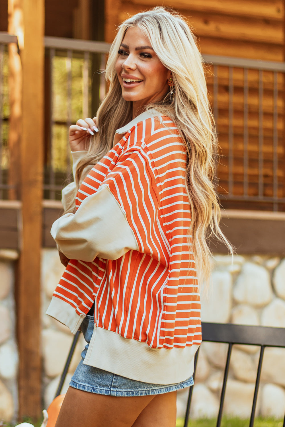 Orange Stripe Color Block Loose Fit Collared Drop Shoulder Sweatshirt