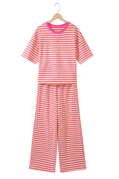 Pink Stripe Wide Leg Lounge Set Women 2 Piece Outfit