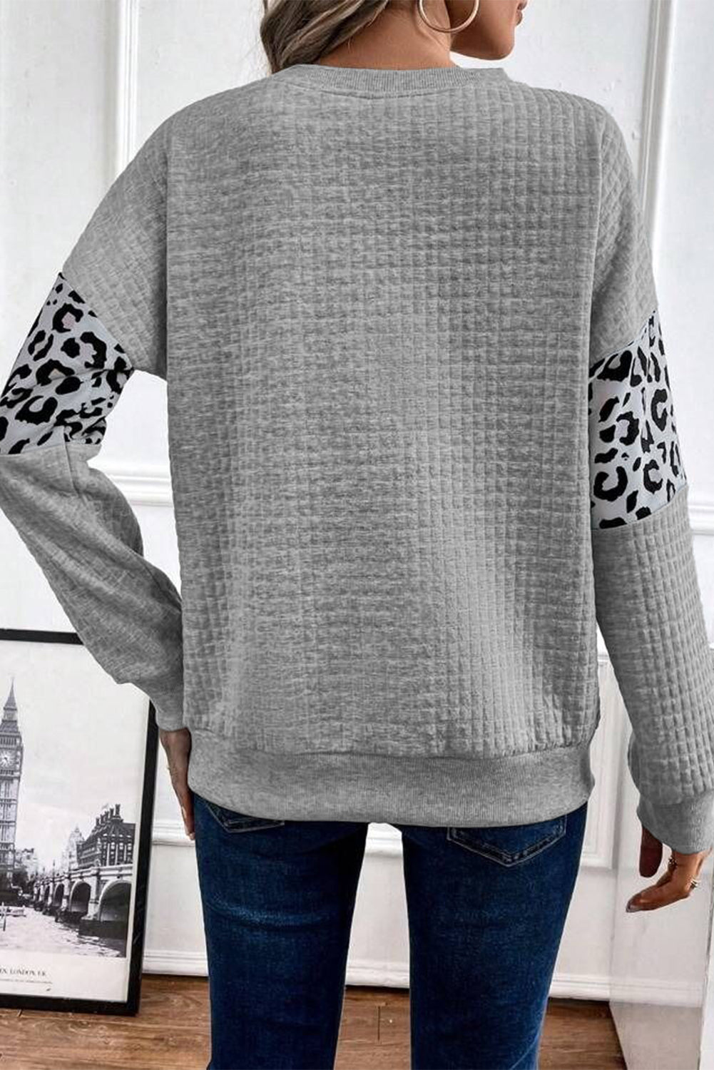 Gray Leopard Quilted Patchwork Crew Neck Sweatshirt