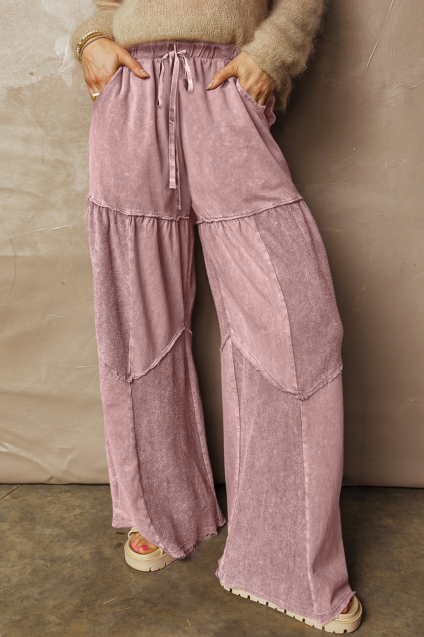 Women's Black Mineral Wash Wide Leg Patchwork Pants
