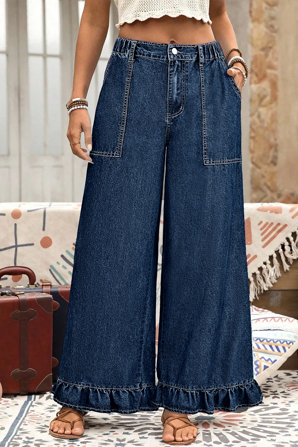 Sail Blue Plus Size Elastic Waist Ruffle Hem Jeans