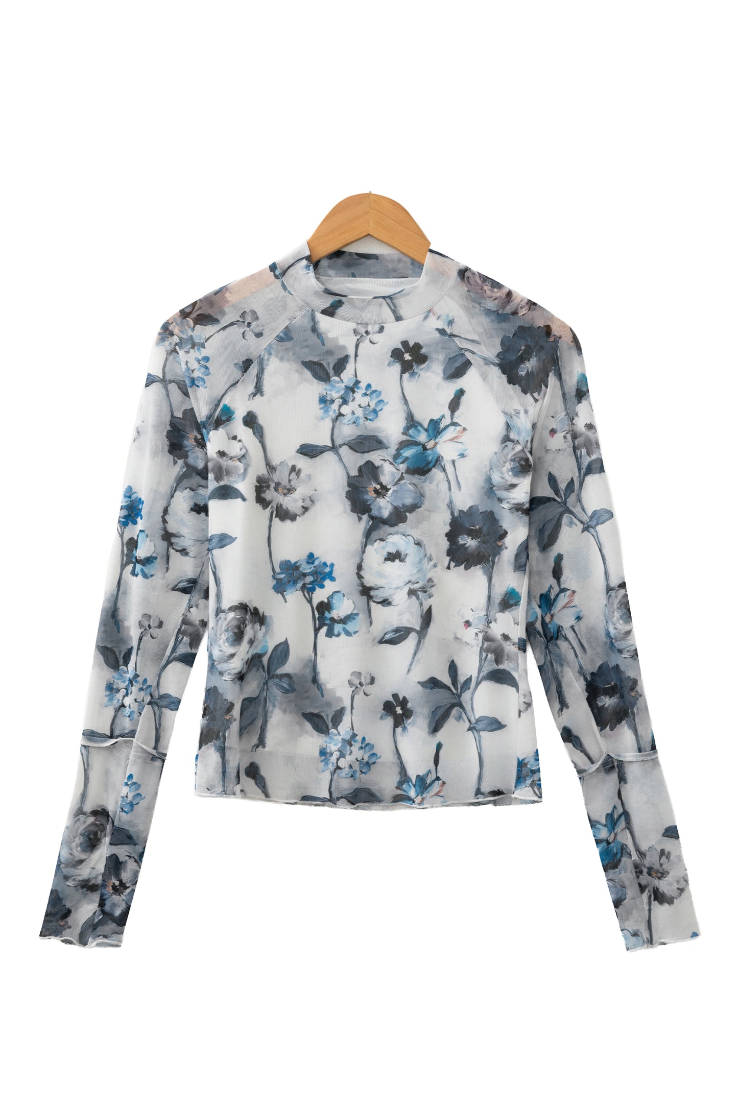 Blue Floral Mesh Mock Neck Long Sleeve Top