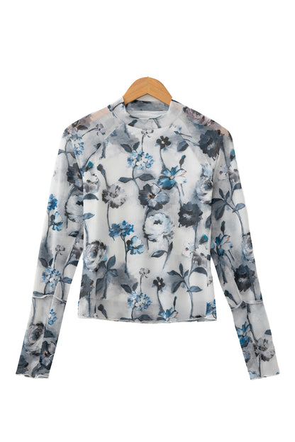 Blue Floral Mesh Mock Neck Long Sleeve Top