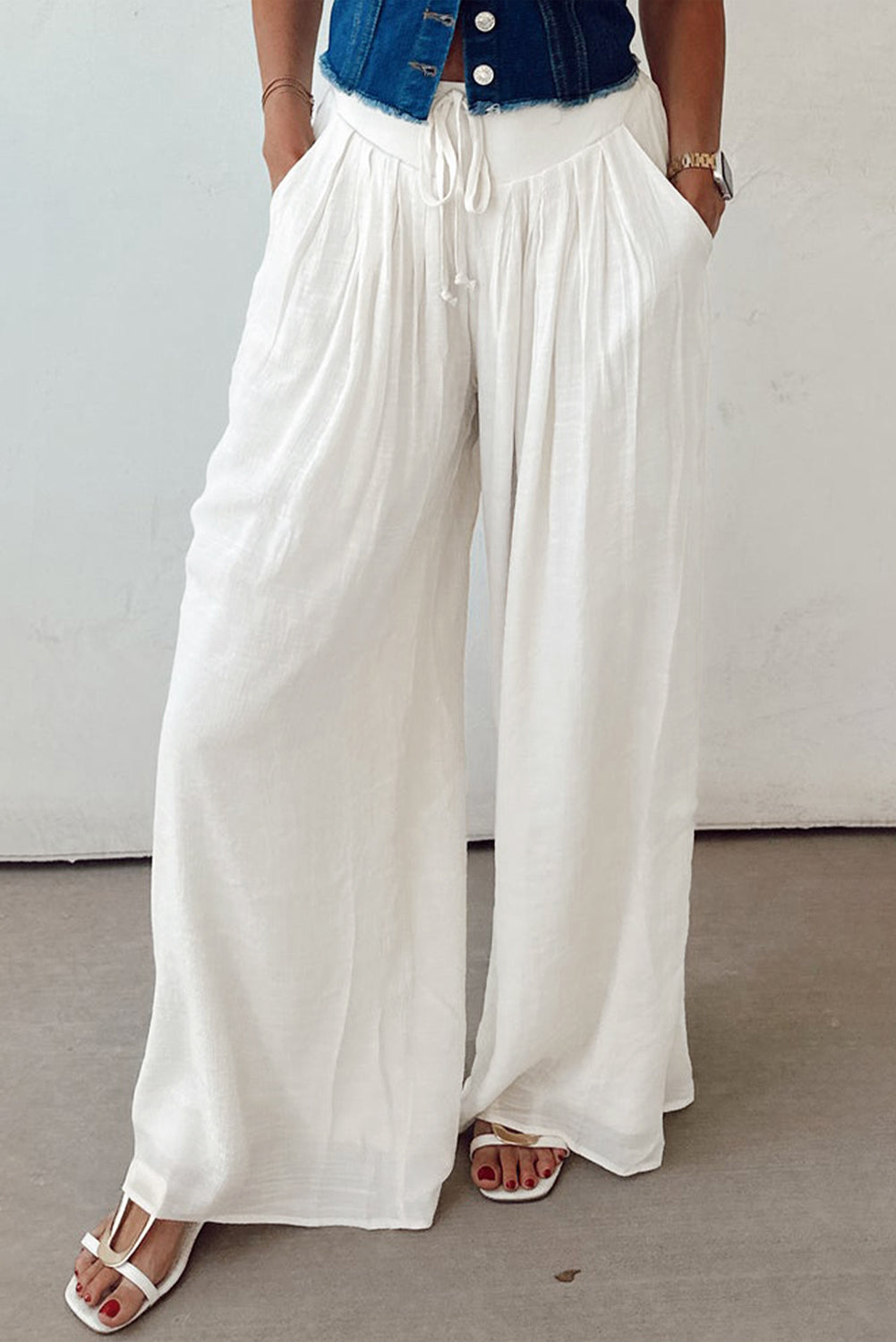 White High Waist Drawstring Wide Leg Palazzo Pants