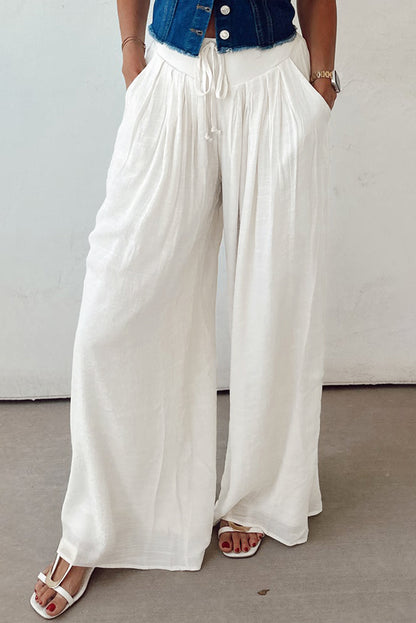 White High Waist Drawstring Wide Leg Palazzo Pants