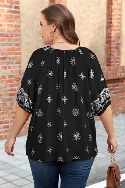 Green Boho Chic Notched V Neck Plus Floral Short Sleeve Top