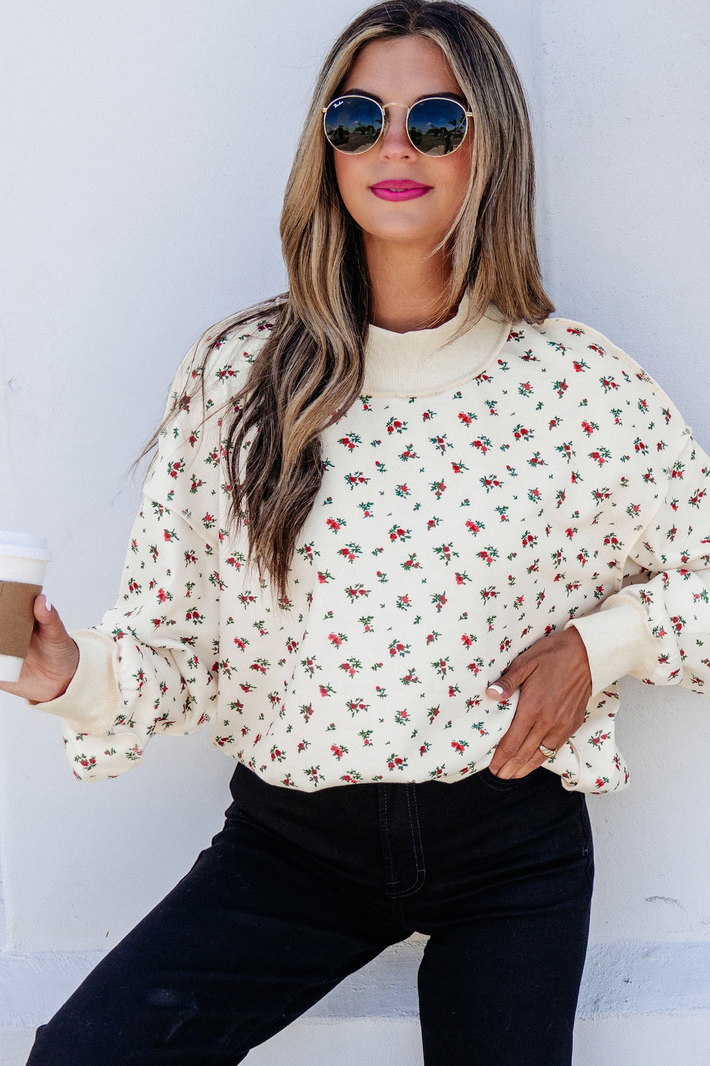 Floral Mock Neck Pullover Sweatshirt Women Casual Top