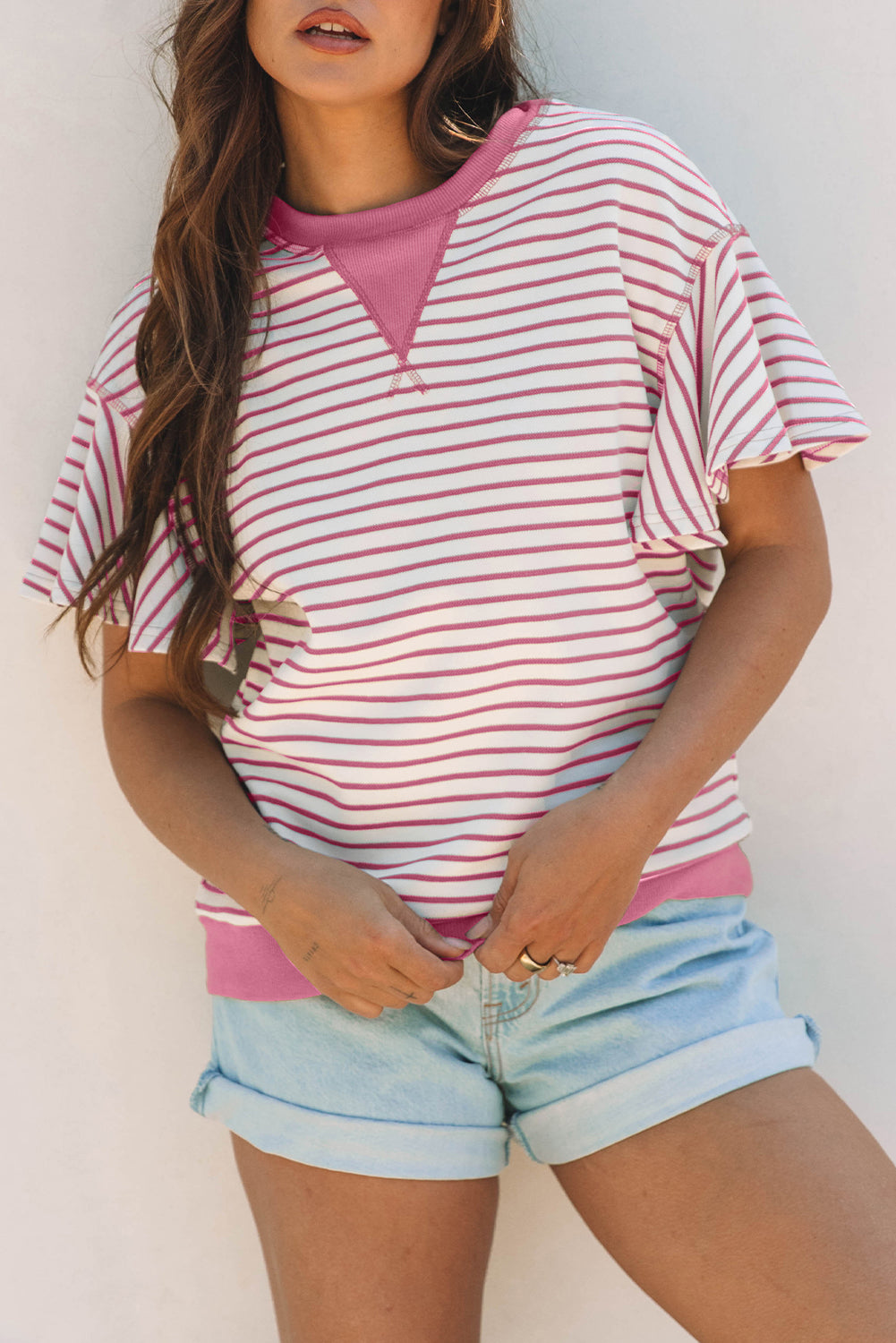 Green Striped Ruffle Sleeve Contrast Casual Top