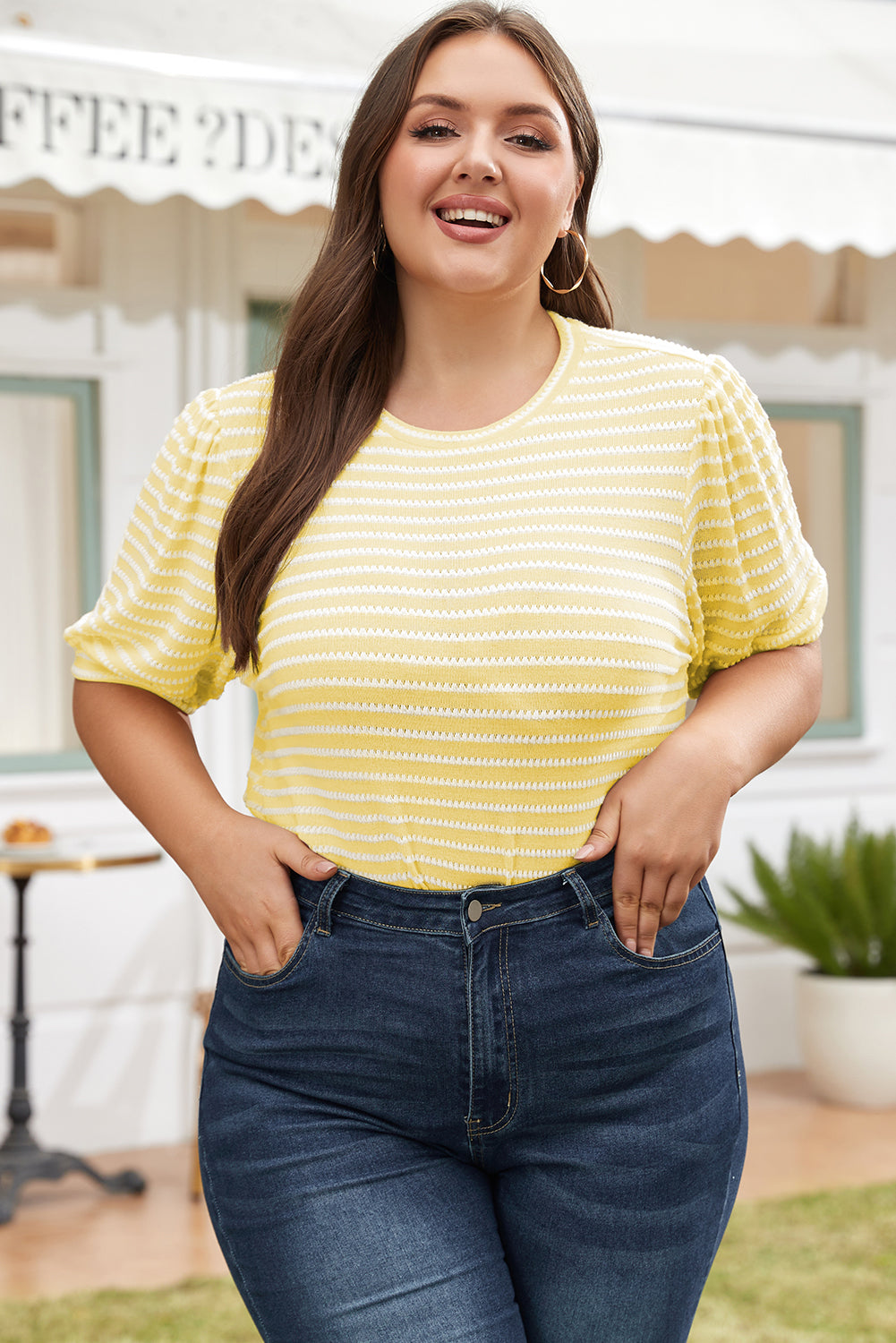 Yellow Stripe Short Puff Sleeve Plus Size Jumper