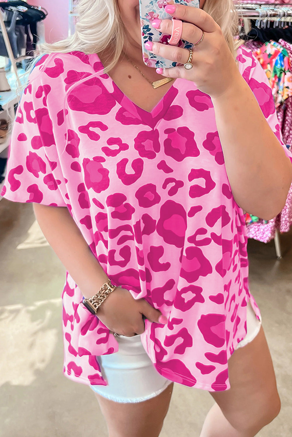 Rose Leopard Print V Neck Plus Size Tee