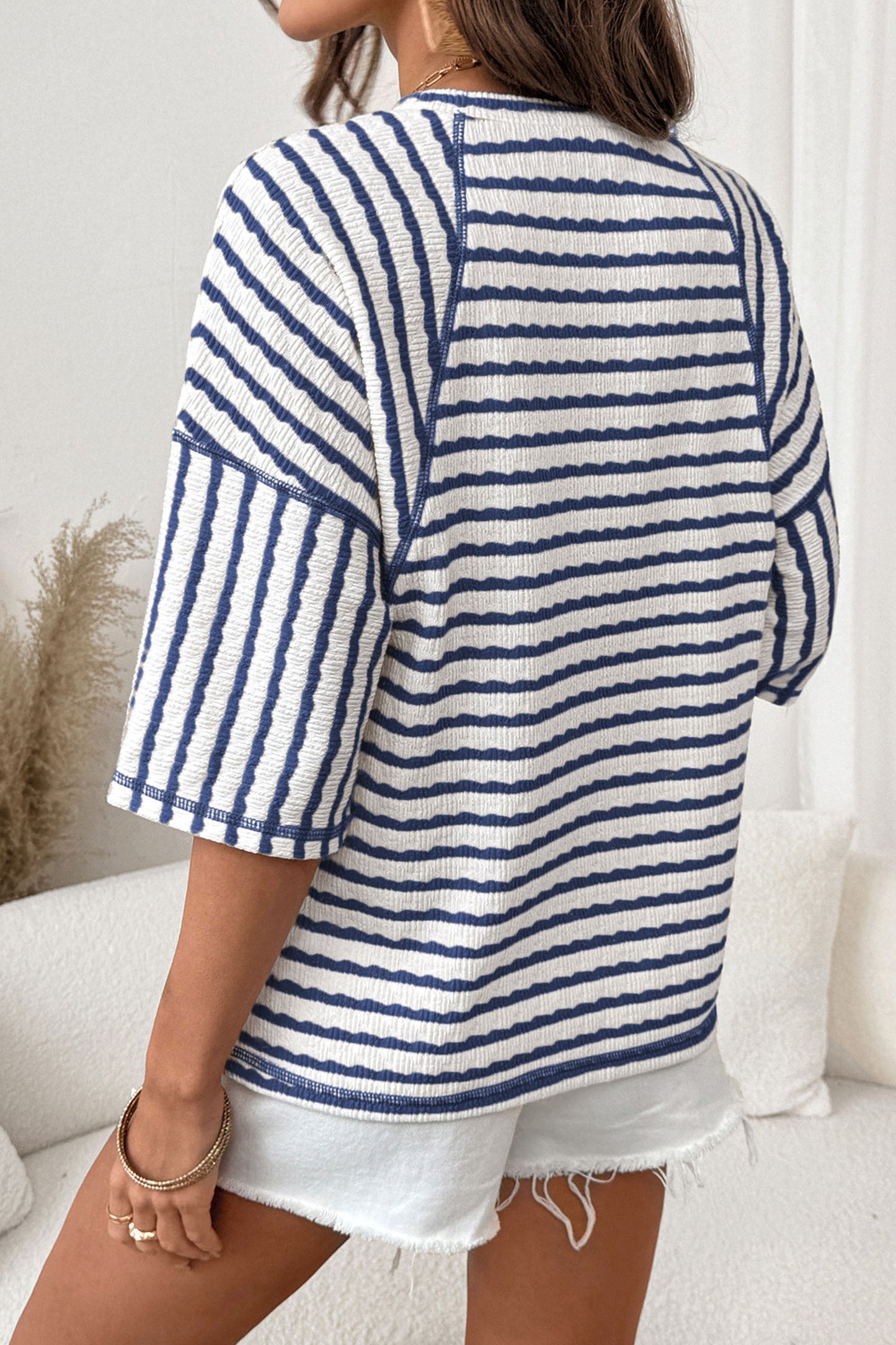 Apricot Stripe Textured Loose Fit Short Sleeve Top