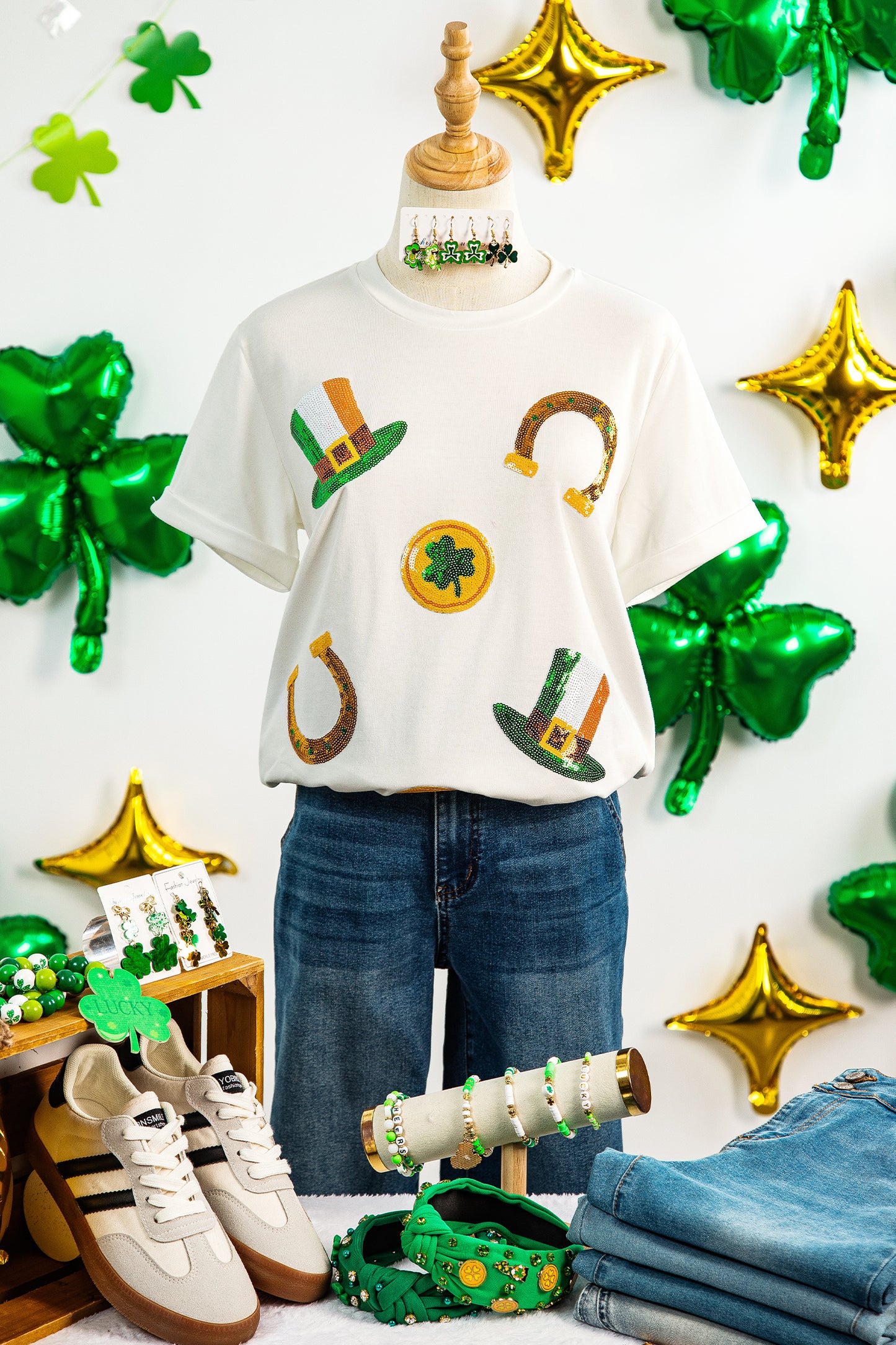 St. Patrick’s White Sequin Clover Coin Graphic Tee