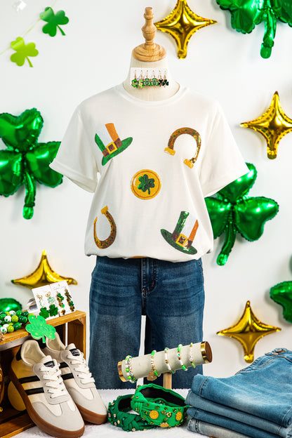 St. Patrick’s White Sequin Clover Coin Graphic Tee