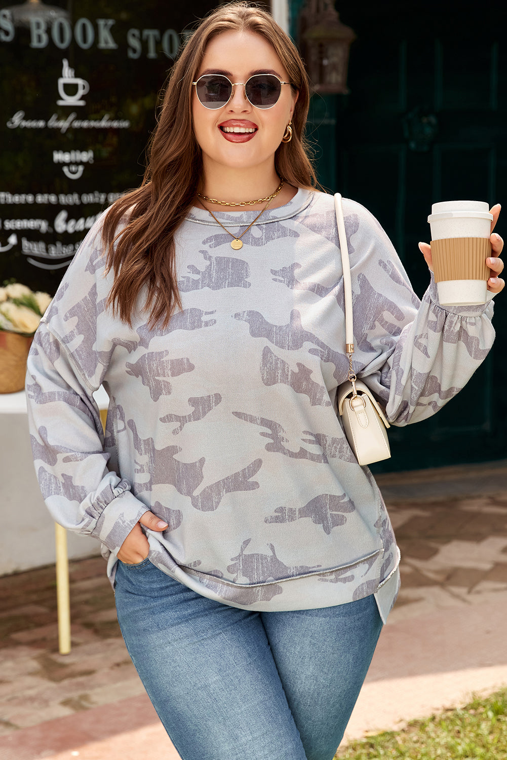 Plus Size Camo Print Round Neck Oversized Sweatshirt