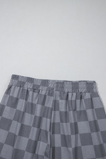 Beige Checkered Lounge Set V Neck Tee Shorts