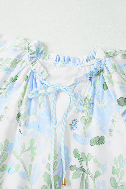 Sky Blue Floral Ruffle Sleeve Tie Neck Mini Dress