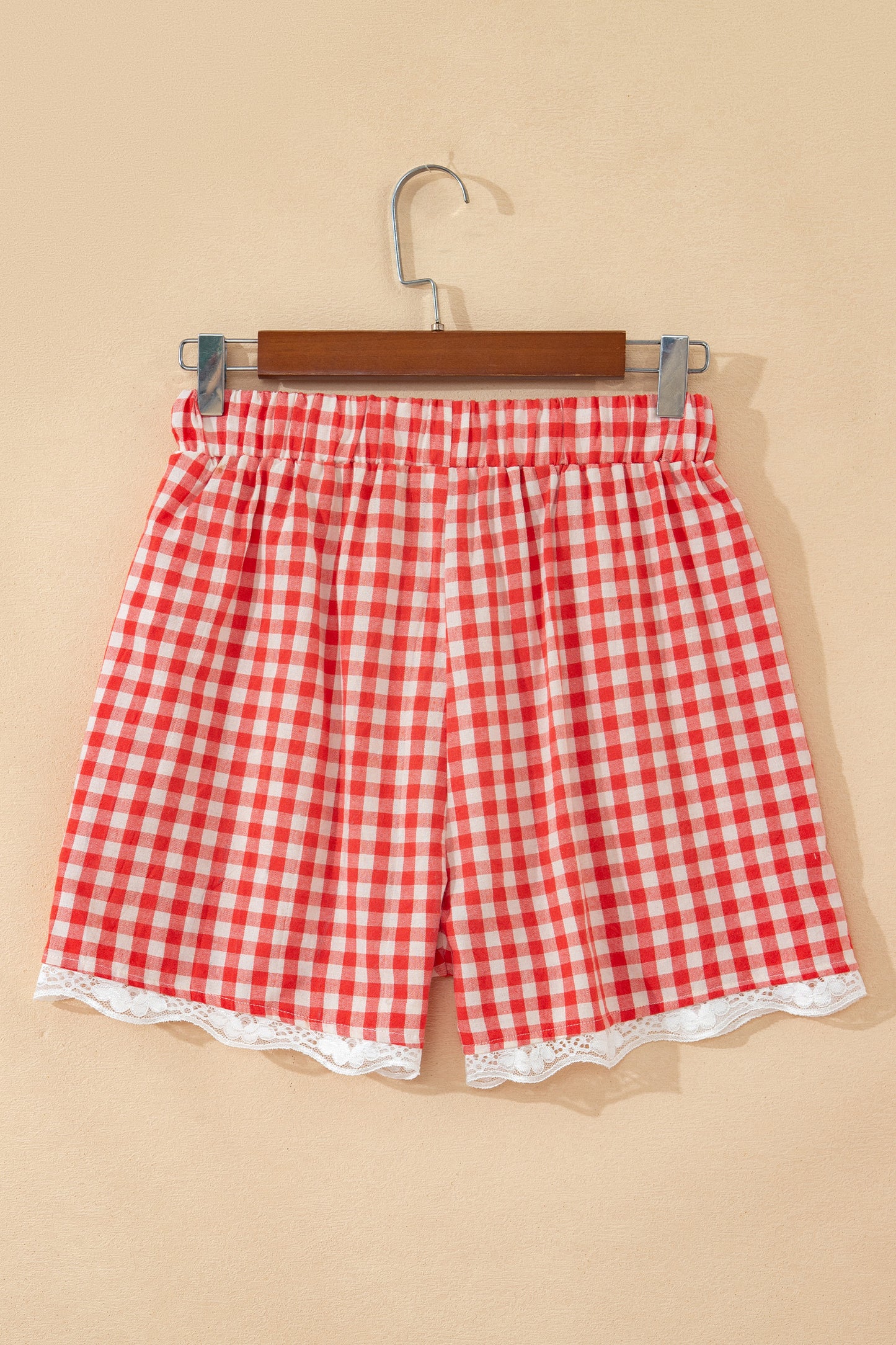 Gingham High Waist Tie Lace Trim Casual Shorts Women