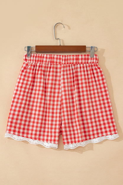 Gingham High Waist Tie Lace Trim Casual Shorts Women