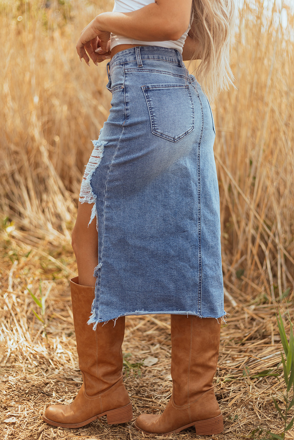 Distressed High Waist Asymmetrical Denim Midi Skirt