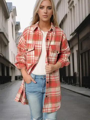 Plaid Long Sleeve Shacket with Flap Pockets
