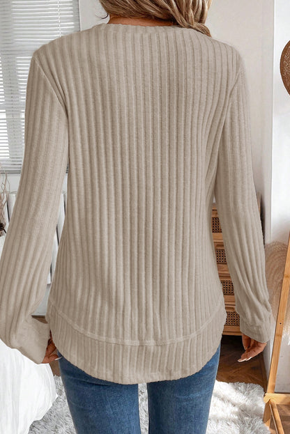 Ribbed Long Sleeve Round Neck Casual Knit Top