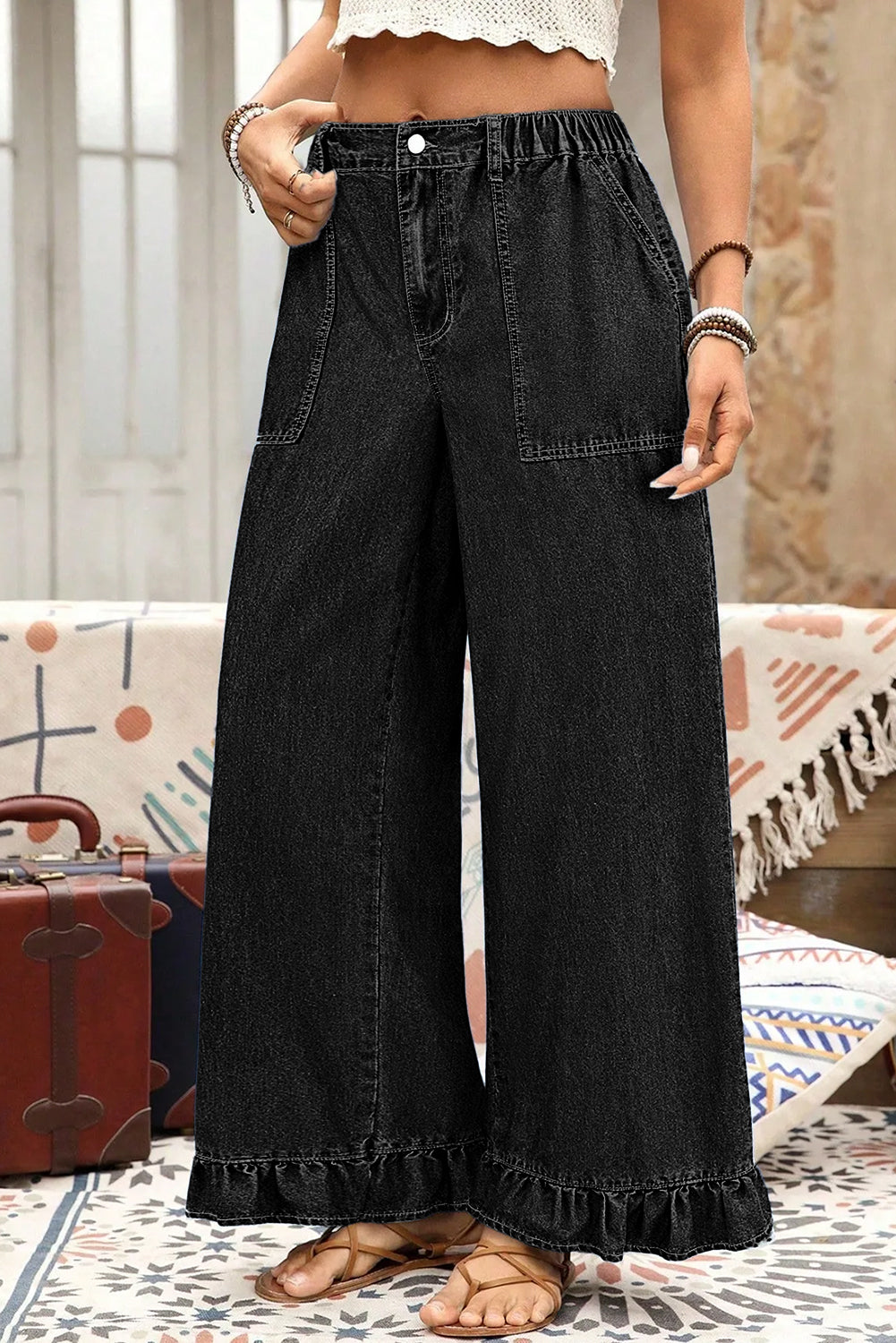 Sail Blue Plus Size Elastic Waist Ruffle Hem Jeans