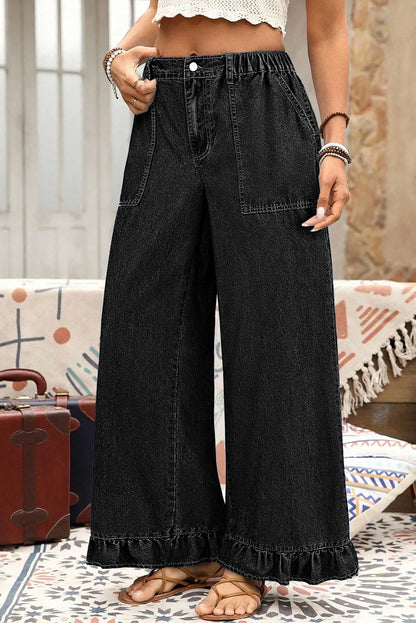 Sail Blue Plus Size Elastic Waist Ruffle Hem Jeans