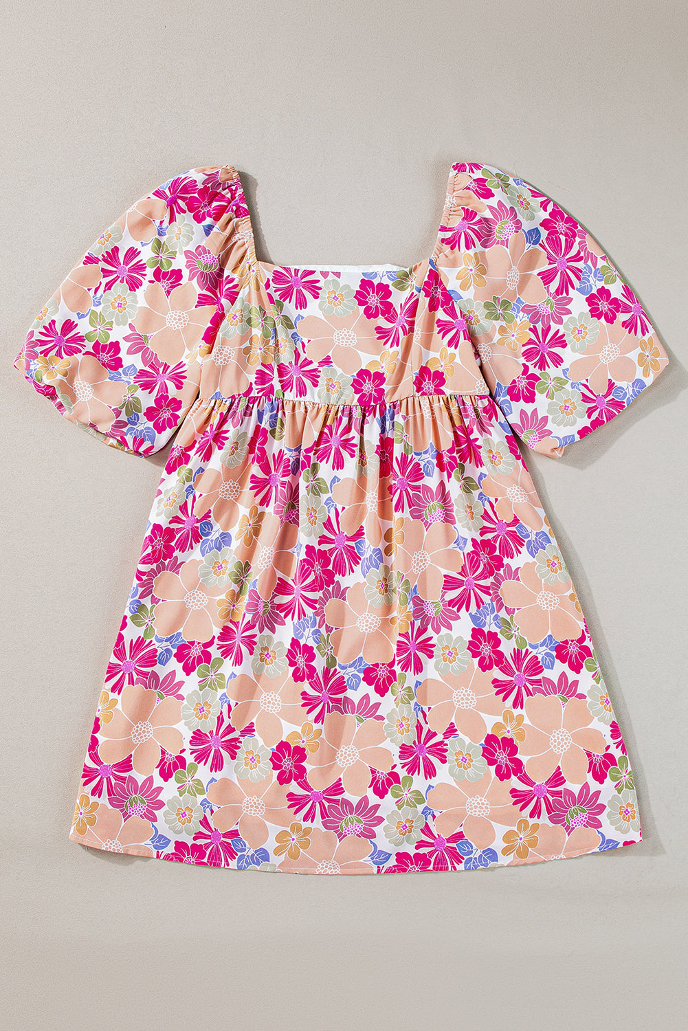 Pink Floral Square Neck Puff Sleeve Babydoll Dress