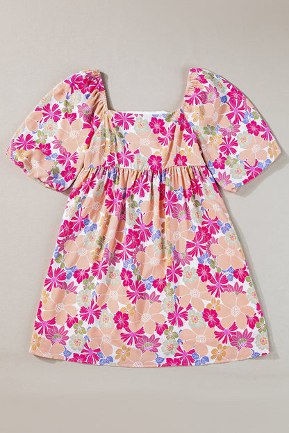Pink Floral Square Neck Puff Sleeve Babydoll Dress