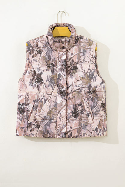 Brown Camo Leaf Print Lightweight Winter Puffer Vest