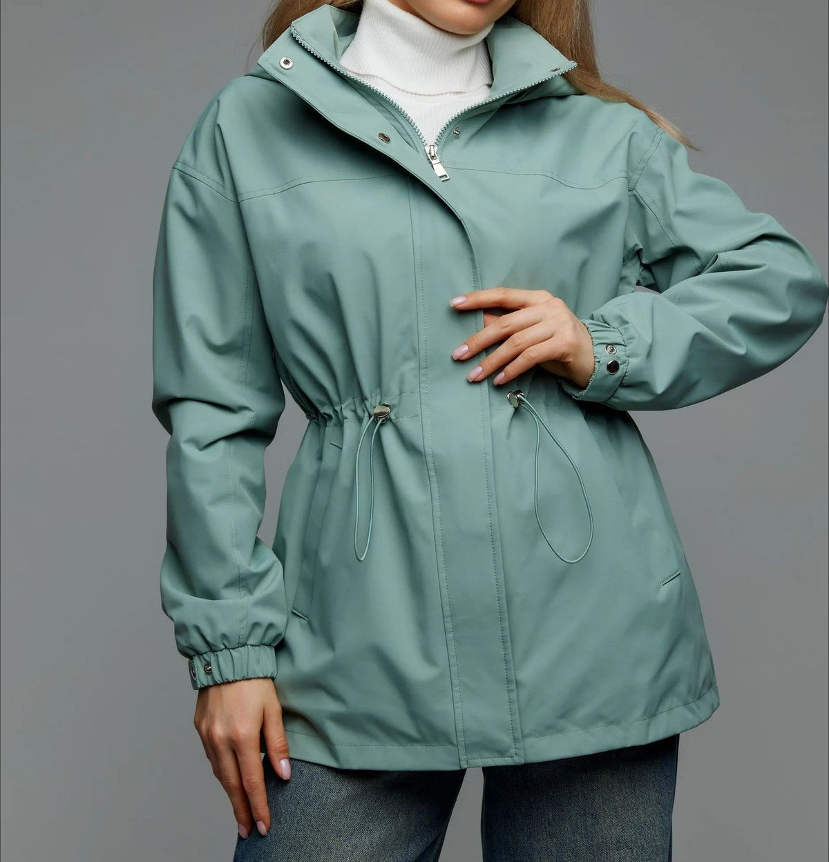 Women's Hooded Drawstring Waist Windbreaker Jacket