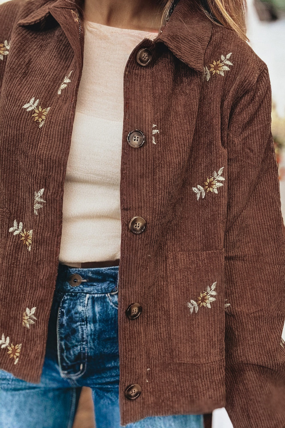 Coffee Corduroy Floral Embroidered Button Front Jacket