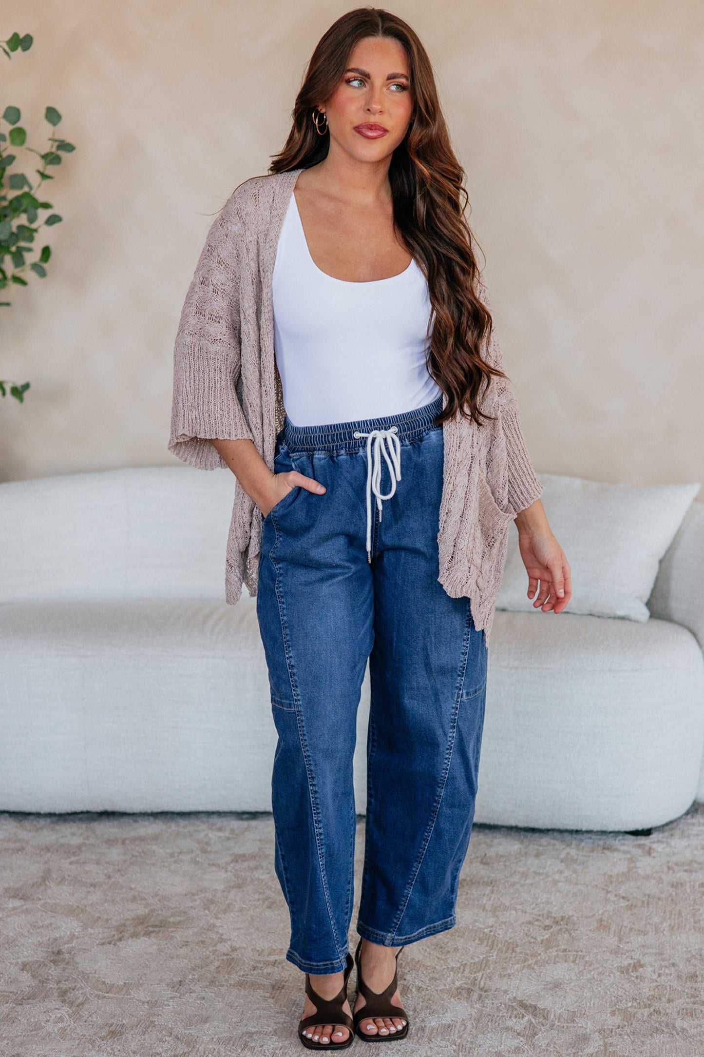 Old Rose Hollow Knit Drop Shoulder Cardigan Sweater