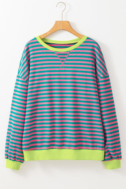 Sky Blue Stripe Oversized Contrast Trim Pullover Sweatshirt