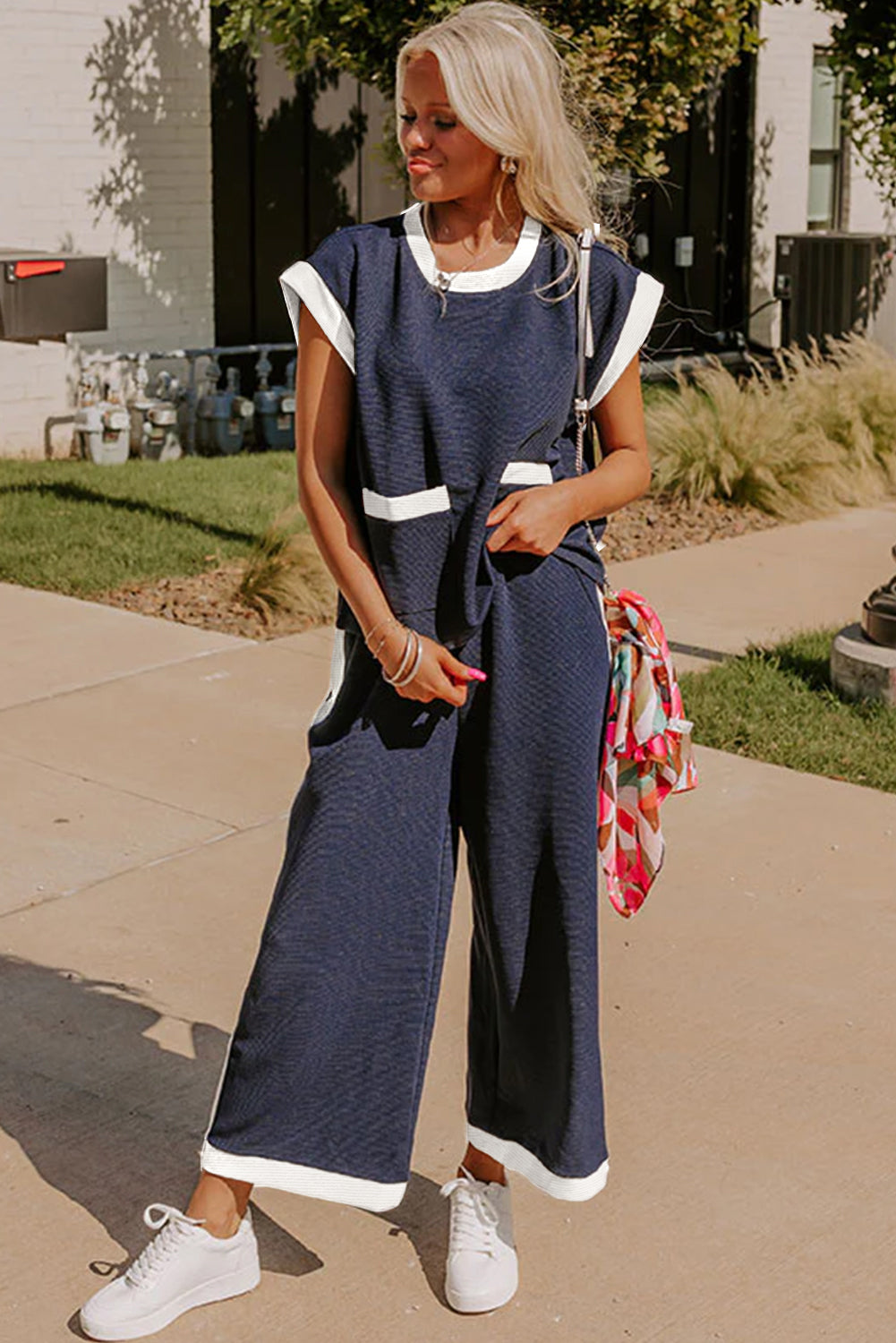 Navy Colorblock Pocket Tee Wide Leg Pants Two Piece Set