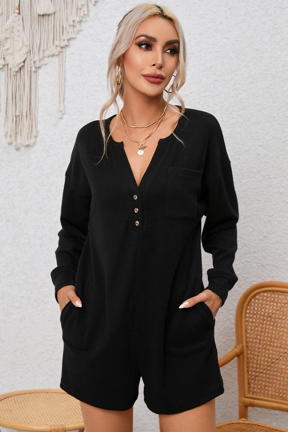 Dark Green Brushed Ribbed Button Split V Neck Long Sleeve Romper