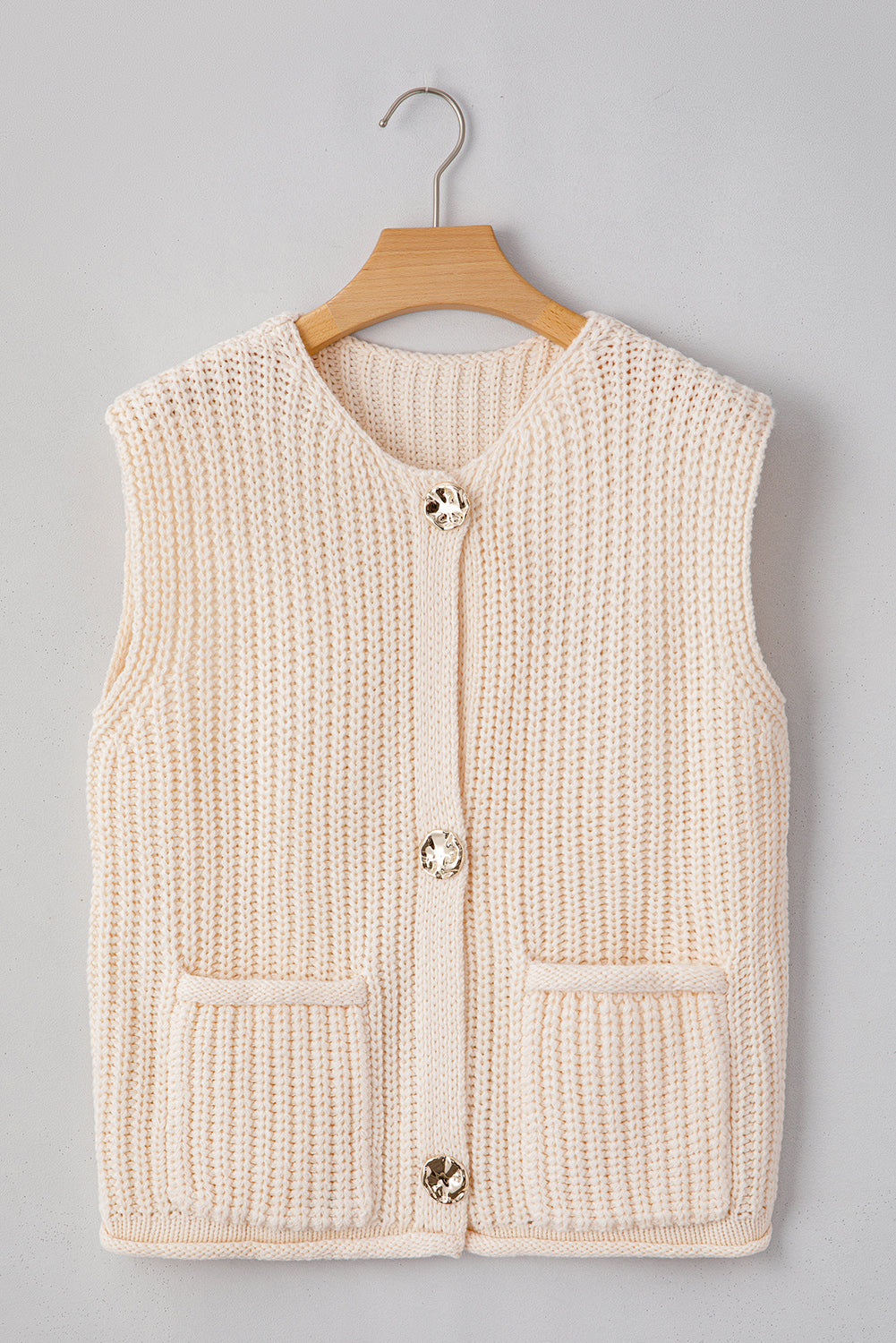 White Chunky Knit Button Front Sweater Vest Women