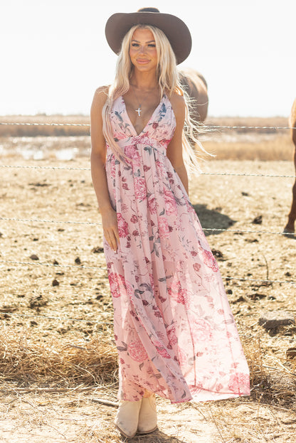 Floral V Neck Maxi Dress Backless Boho Vacation Dress